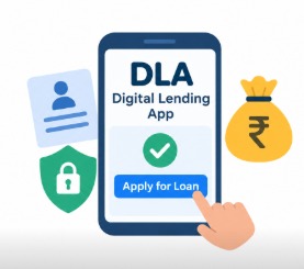 Illustration explaining a Digital Lending App (DLA), showing a smartphone loan application, digital payment icons and secure online borrowing.
